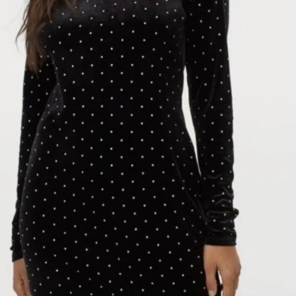 Velour Studded Mock Neck Black Dress - Picture 3 of 7